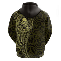 New Zealand Skull Darts Zip Hoodie Aotearoa Maori Chest Tattoo Stylized Gold - Polynesian Pride