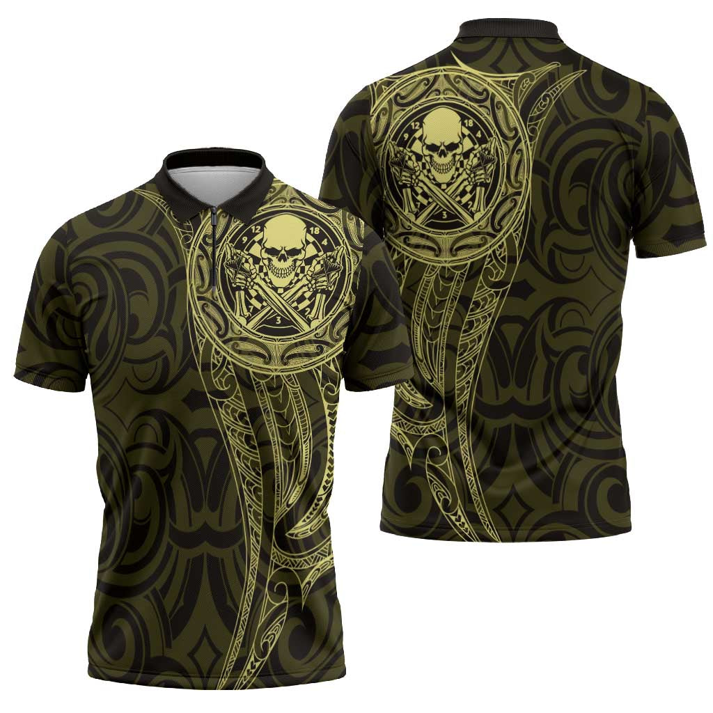 New Zealand Skull Darts Zipper Polo Shirt Aotearoa Maori Chest Tattoo Stylized Gold - Polynesian Pride