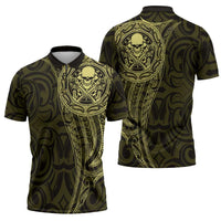 New Zealand Skull Darts Zipper Polo Shirt Aotearoa Maori Chest Tattoo Stylized Gold - Polynesian Pride