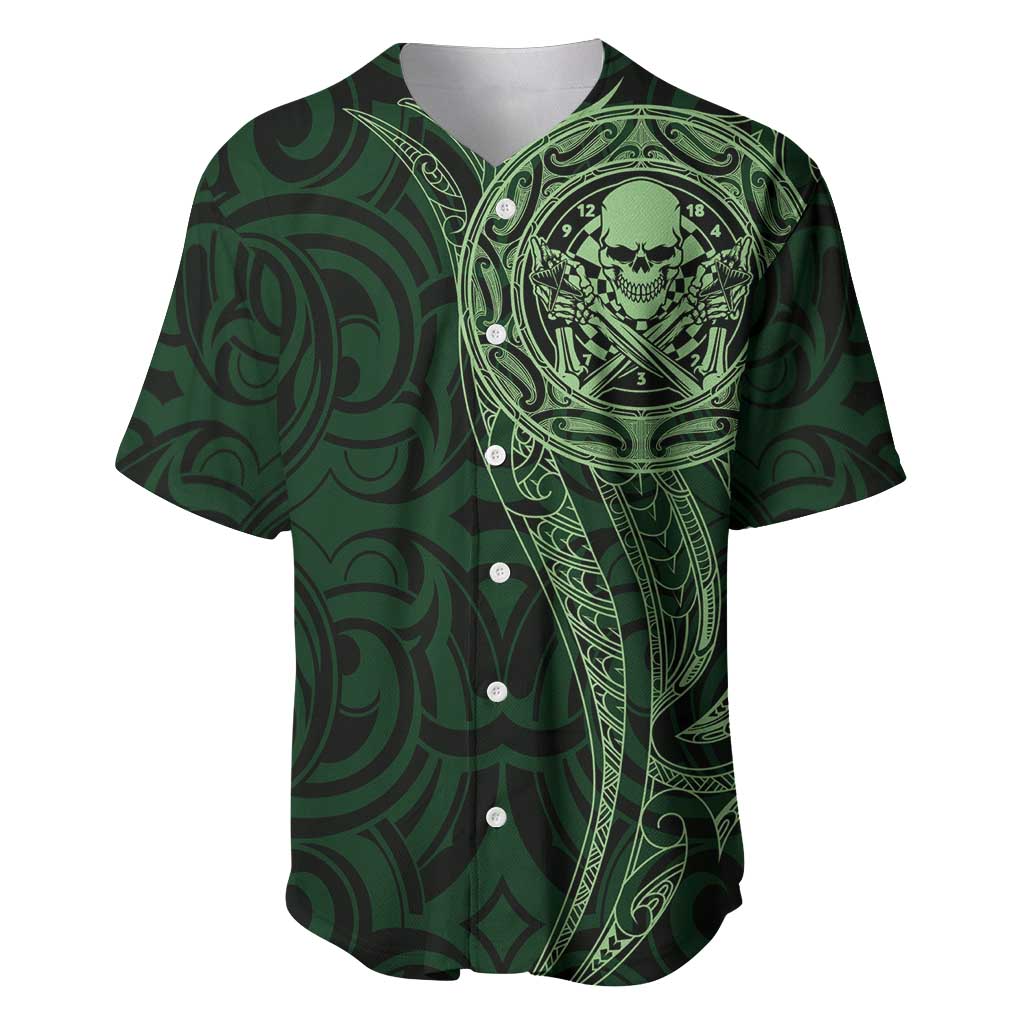 New Zealand Skull Darts Baseball Jersey Aotearoa Maori Chest Tattoo Stylized Green - Polynesian Pride