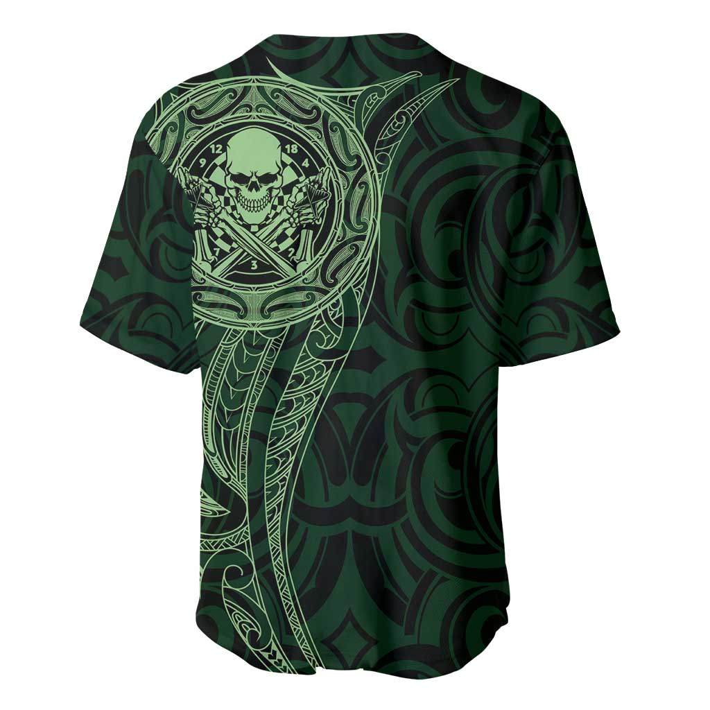 New Zealand Skull Darts Baseball Jersey Aotearoa Maori Chest Tattoo Stylized Green - Polynesian Pride