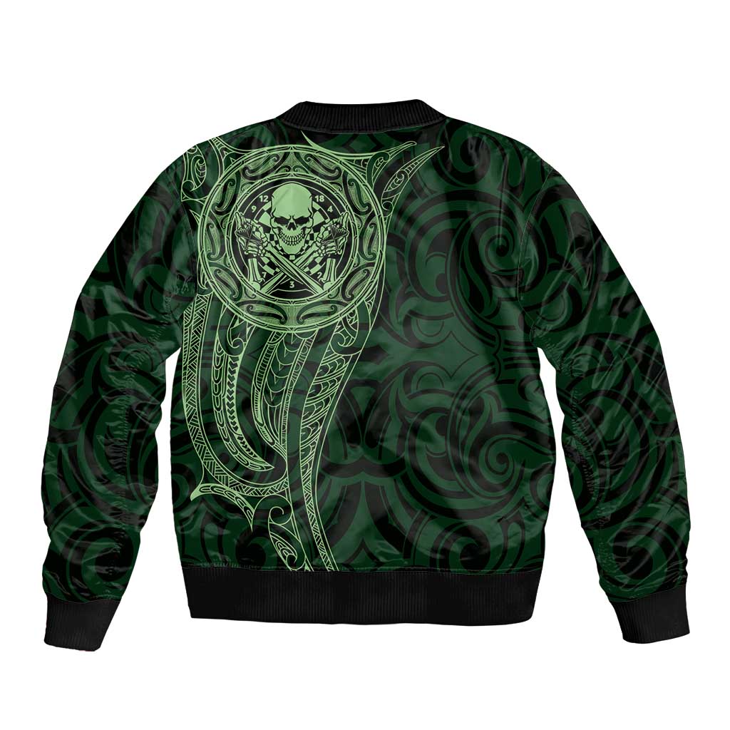 New Zealand Skull Darts Bomber Jacket Aotearoa Maori Chest Tattoo Stylized Green - Polynesian Pride