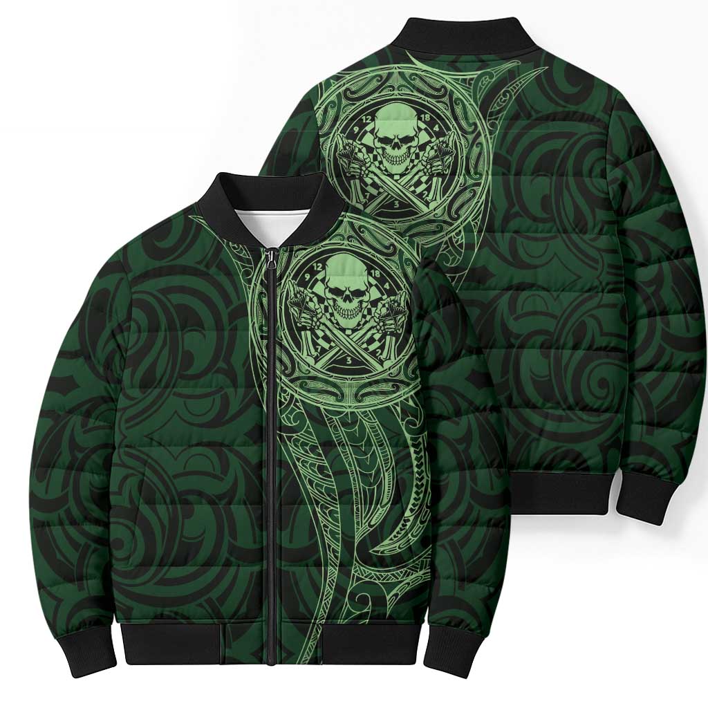 New Zealand Skull Darts Bomber Puffer Jacket Aotearoa Maori Chest Tattoo Stylized Green - Polynesian Pride