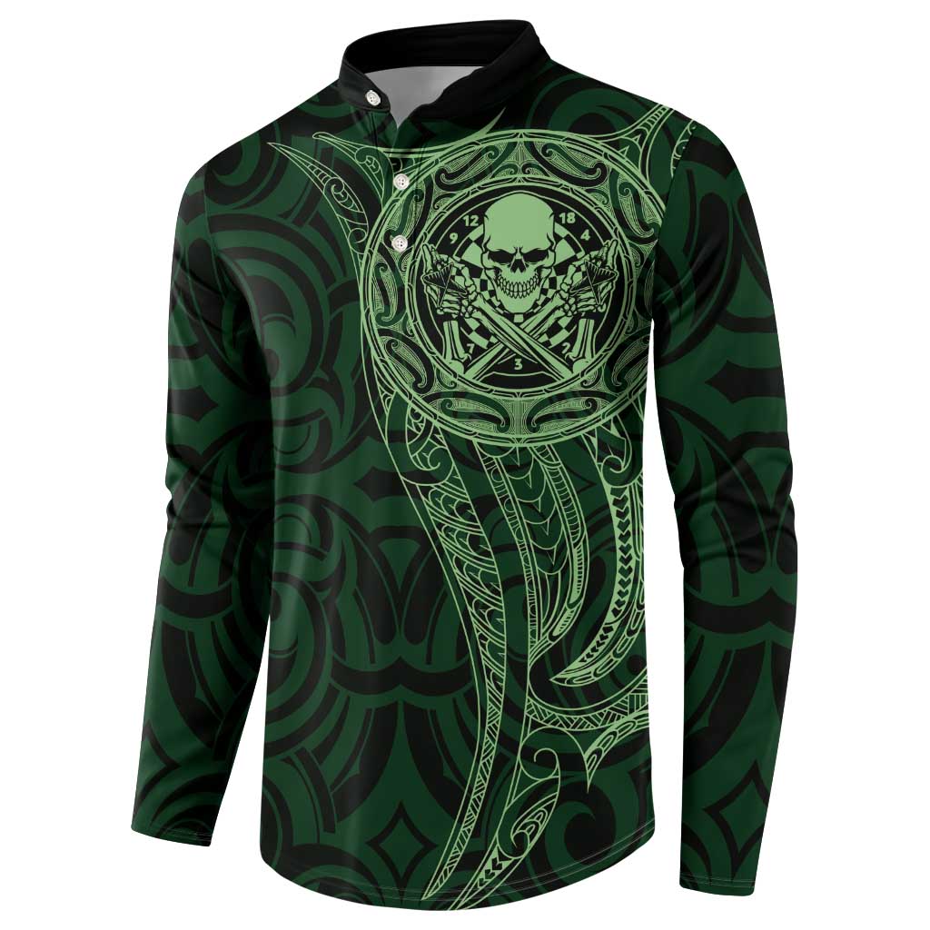 New Zealand Skull Darts Button Sweatshirt Aotearoa Maori Chest Tattoo Stylized Green - Polynesian Pride