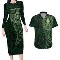 New Zealand Skull Darts Couples Matching Long Sleeve Bodycon Dress and Hawaiian Shirt Aotearoa Maori Chest Tattoo Stylized Green - Polynesian Pride
