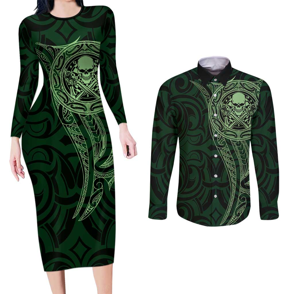 New Zealand Skull Darts Couples Matching Long Sleeve Bodycon Dress and Long Sleeve Button Shirt Aotearoa Maori Chest Tattoo Stylized Green - Polynesian Pride