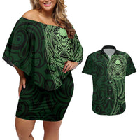 New Zealand Skull Darts Couples Matching Off Shoulder Short Dress and Hawaiian Shirt Aotearoa Maori Chest Tattoo Stylized Green - Polynesian Pride