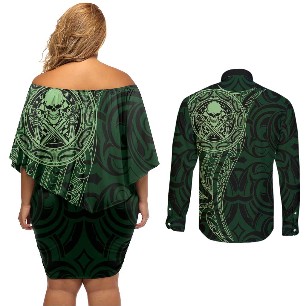 New Zealand Skull Darts Couples Matching Off Shoulder Short Dress and Long Sleeve Button Shirt Aotearoa Maori Chest Tattoo Stylized Green - Polynesian Pride
