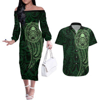 New Zealand Skull Darts Couples Matching Off The Shoulder Long Sleeve Dress and Hawaiian Shirt Aotearoa Maori Chest Tattoo Stylized Green - Polynesian Pride
