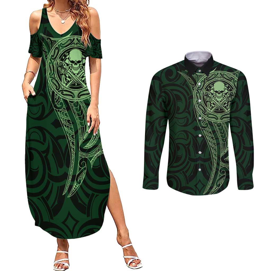 New Zealand Skull Darts Couples Matching Summer Maxi Dress and Long Sleeve Button Shirt Aotearoa Maori Chest Tattoo Stylized Green - Polynesian Pride