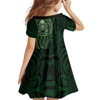 New Zealand Skull Darts Family Matching Long Sleeve Bodycon Dress and Hawaiian Shirt Aotearoa Maori Chest Tattoo Stylized Green - Polynesian Pride