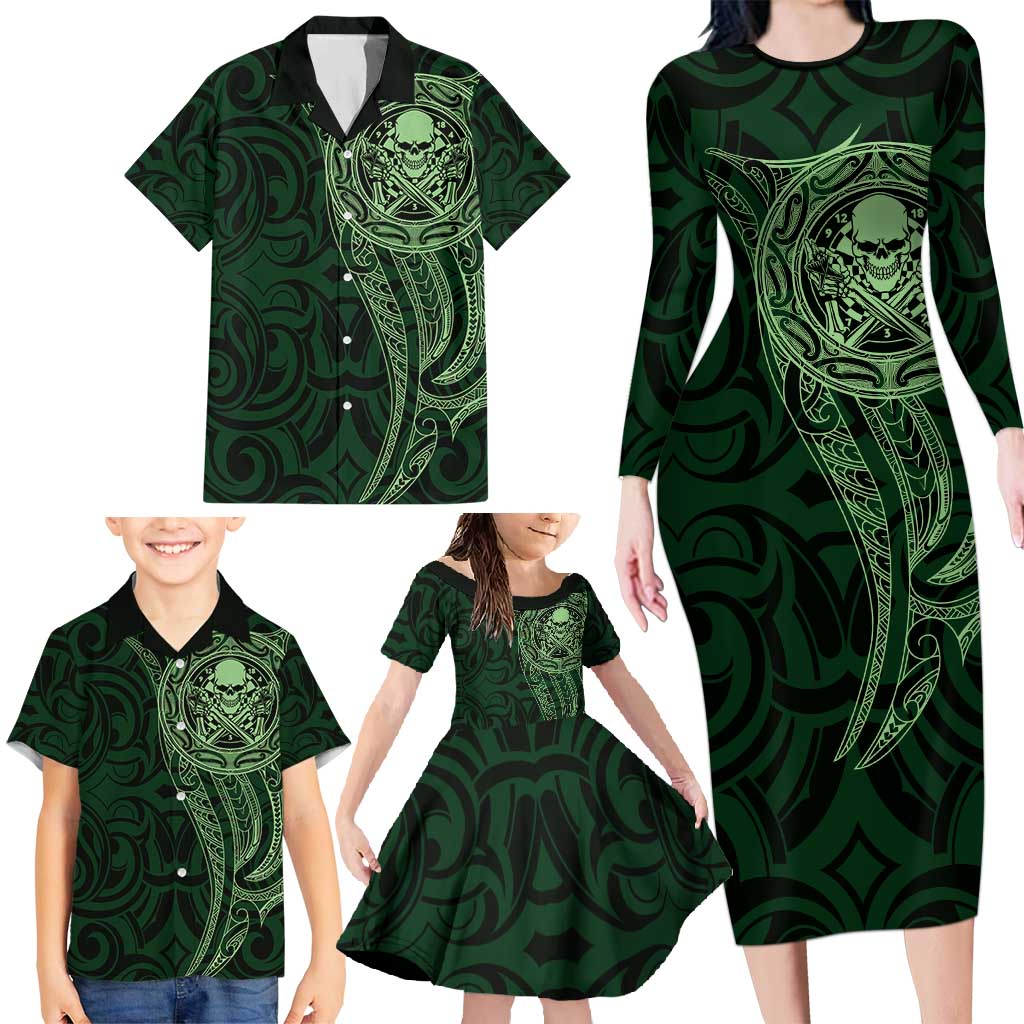 New Zealand Skull Darts Family Matching Long Sleeve Bodycon Dress and Hawaiian Shirt Aotearoa Maori Chest Tattoo Stylized Green - Polynesian Pride
