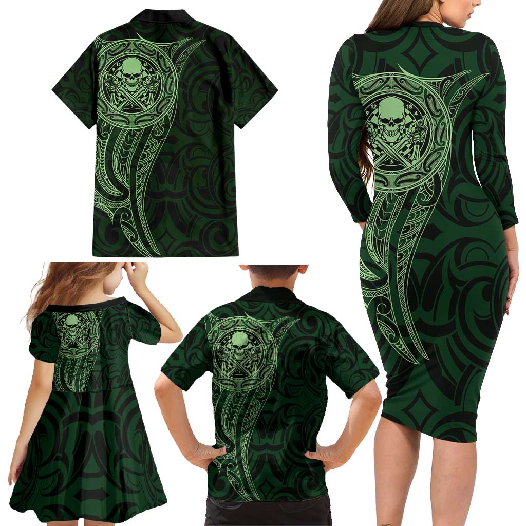 New Zealand Skull Darts Family Matching Long Sleeve Bodycon Dress and Hawaiian Shirt Aotearoa Maori Chest Tattoo Stylized Green - Polynesian Pride