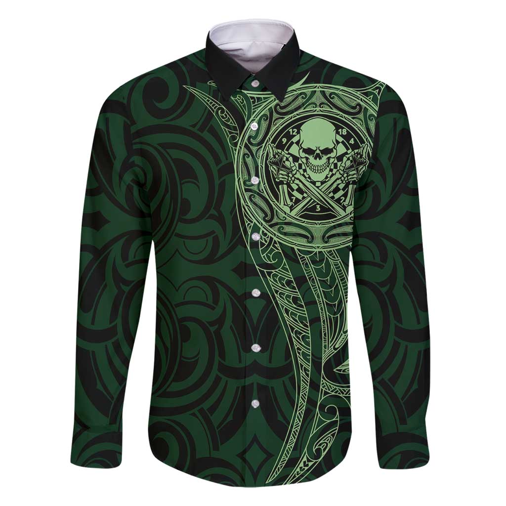 New Zealand Skull Darts Family Matching Long Sleeve Bodycon Dress and Hawaiian Shirt Aotearoa Maori Chest Tattoo Stylized Green - Polynesian Pride