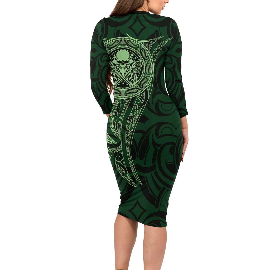 New Zealand Skull Darts Family Matching Long Sleeve Bodycon Dress and Hawaiian Shirt Aotearoa Maori Chest Tattoo Stylized Green - Polynesian Pride