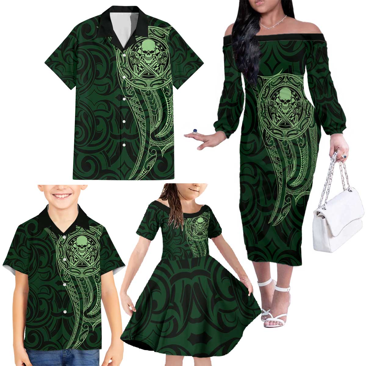 New Zealand Skull Darts Family Matching Off The Shoulder Long Sleeve Dress and Hawaiian Shirt Aotearoa Maori Chest Tattoo Stylized Green - Polynesian Pride