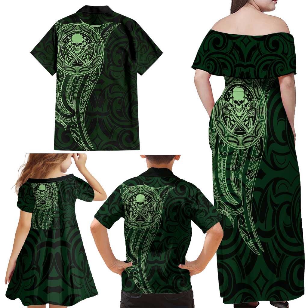 New Zealand Skull Darts Family Matching Off Shoulder Maxi Dress and Hawaiian Shirt Aotearoa Maori Chest Tattoo Stylized Green - Polynesian Pride