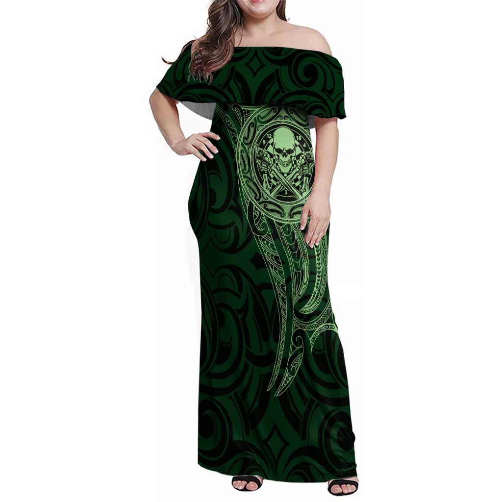 New Zealand Skull Darts Family Matching Off Shoulder Maxi Dress and Hawaiian Shirt Aotearoa Maori Chest Tattoo Stylized Green - Polynesian Pride