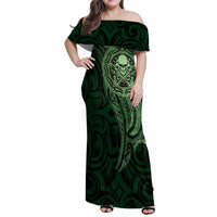 New Zealand Skull Darts Family Matching Off Shoulder Maxi Dress and Hawaiian Shirt Aotearoa Maori Chest Tattoo Stylized Green - Polynesian Pride