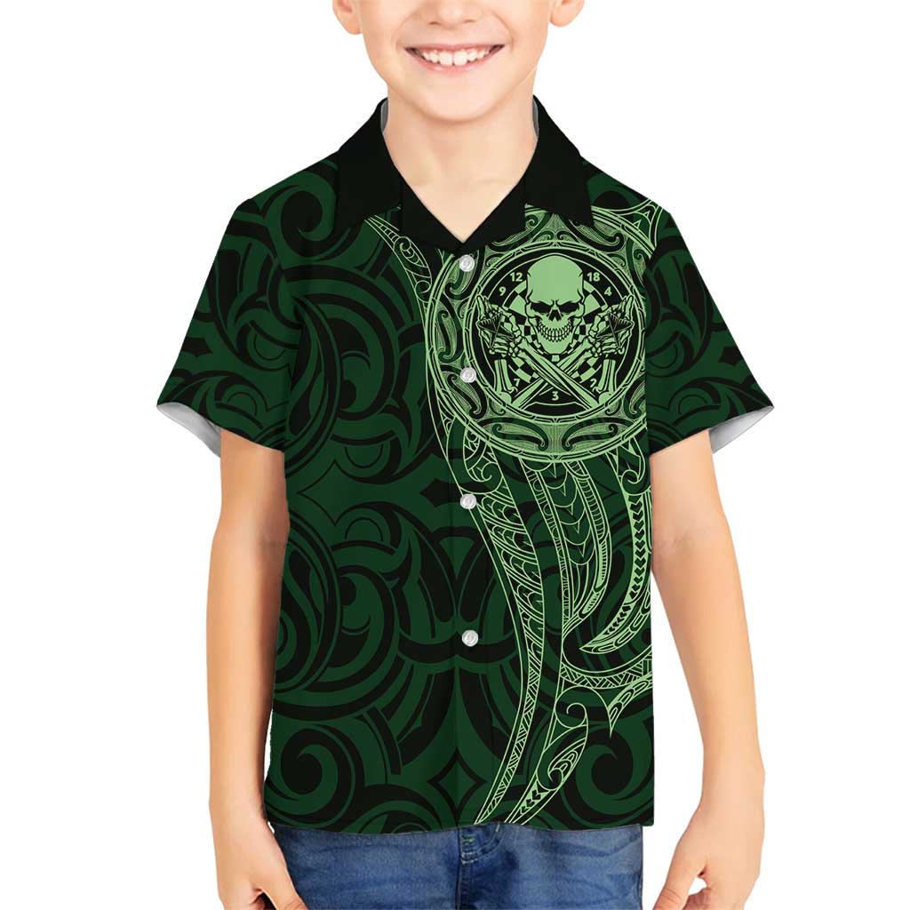 New Zealand Skull Darts Family Matching Puletasi and Hawaiian Shirt Aotearoa Maori Chest Tattoo Stylized Green - Polynesian Pride