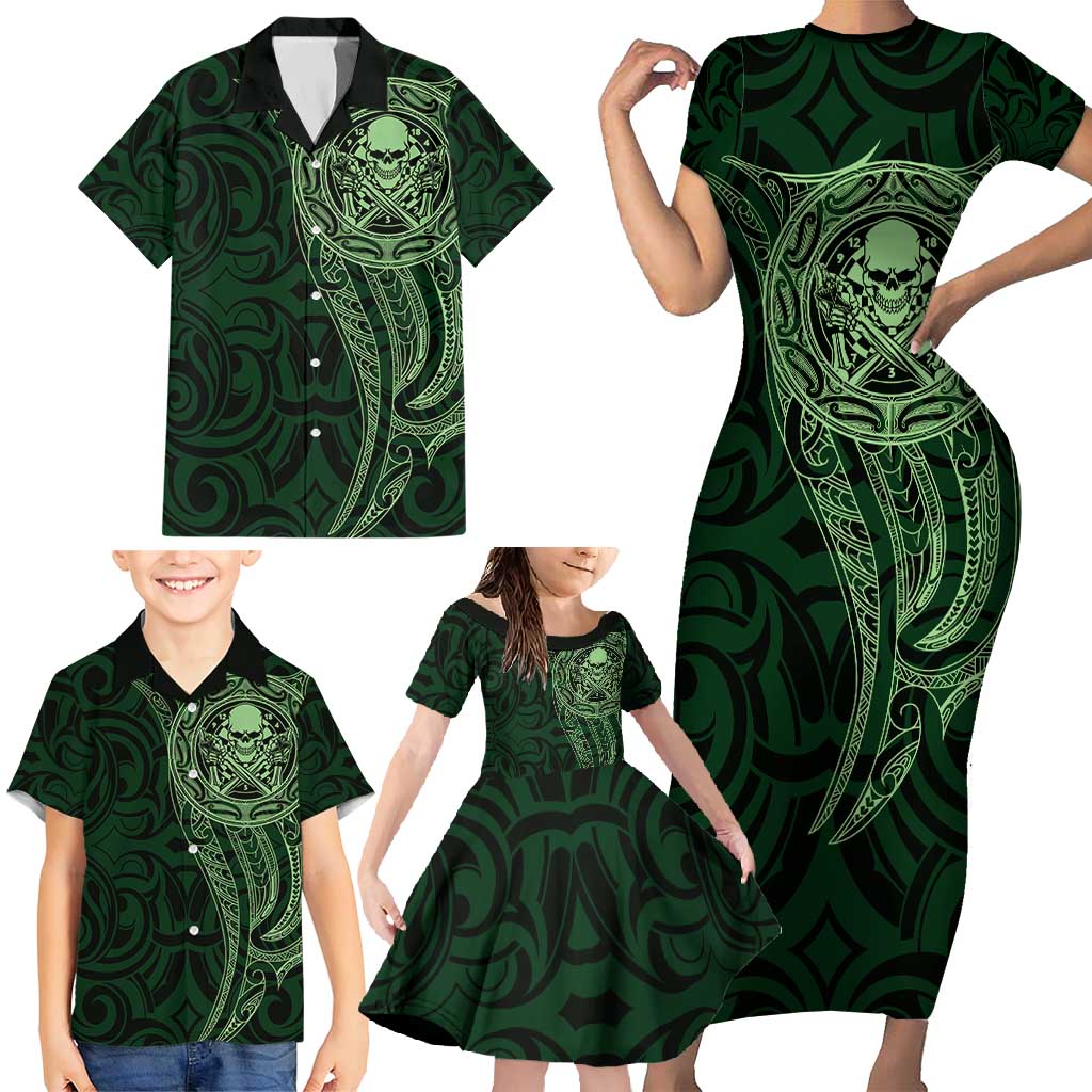 New Zealand Skull Darts Family Matching Short Sleeve Bodycon Dress and Hawaiian Shirt Aotearoa Maori Chest Tattoo Stylized Green - Polynesian Pride