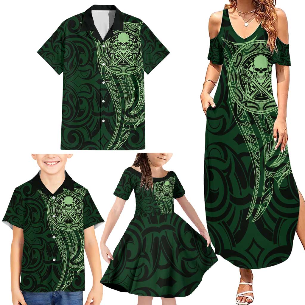 New Zealand Skull Darts Family Matching Summer Maxi Dress and Hawaiian Shirt Aotearoa Maori Chest Tattoo Stylized Green - Polynesian Pride