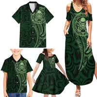 New Zealand Skull Darts Family Matching Summer Maxi Dress and Hawaiian Shirt Aotearoa Maori Chest Tattoo Stylized Green - Polynesian Pride