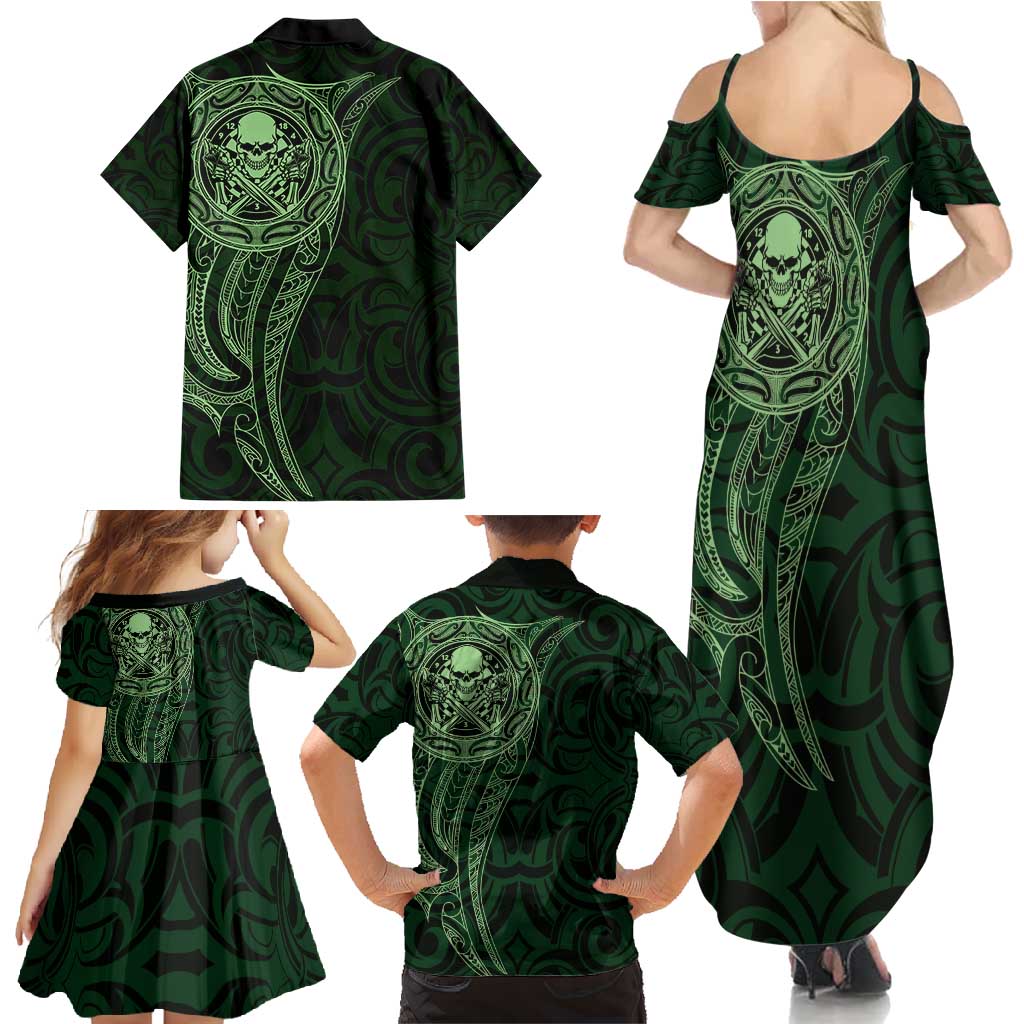 New Zealand Skull Darts Family Matching Summer Maxi Dress and Hawaiian Shirt Aotearoa Maori Chest Tattoo Stylized Green - Polynesian Pride
