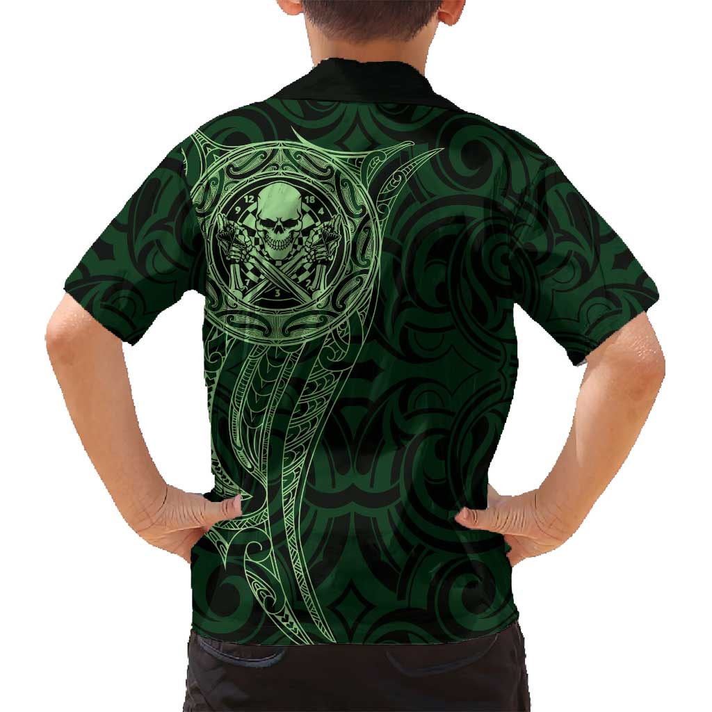 New Zealand Skull Darts Family Matching Tank Maxi Dress and Hawaiian Shirt Aotearoa Maori Chest Tattoo Stylized Green - Polynesian Pride