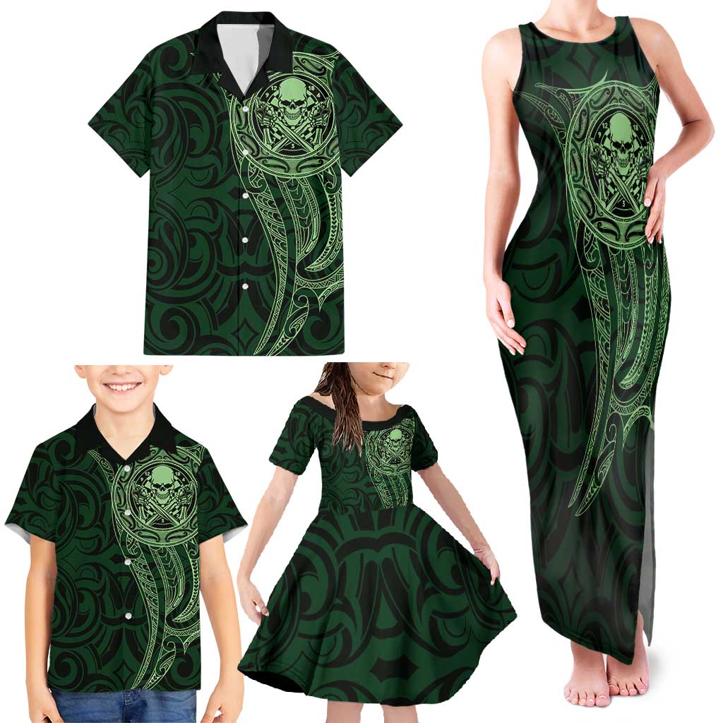 New Zealand Skull Darts Family Matching Tank Maxi Dress and Hawaiian Shirt Aotearoa Maori Chest Tattoo Stylized Green - Polynesian Pride