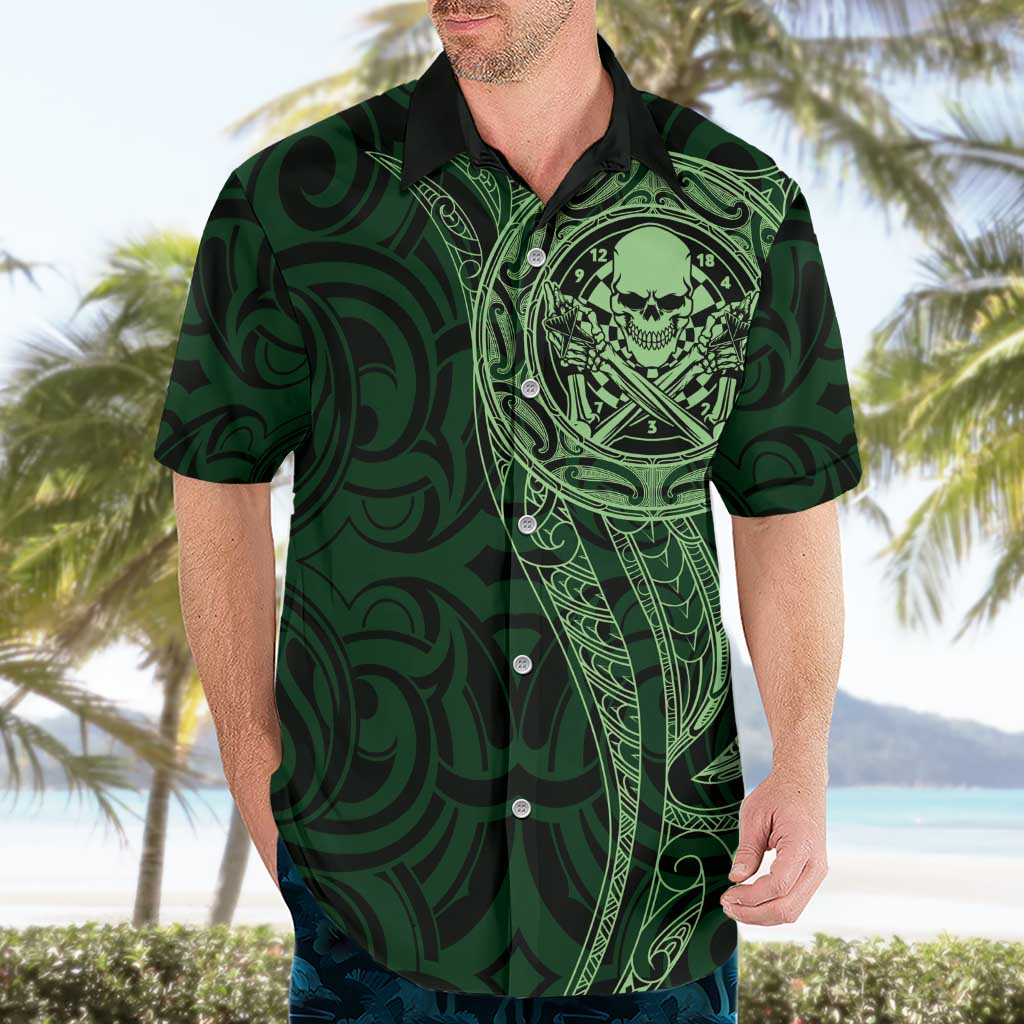 New Zealand Skull Darts Hawaiian Shirt Aotearoa Maori Chest Tattoo Stylized Green - Polynesian Pride