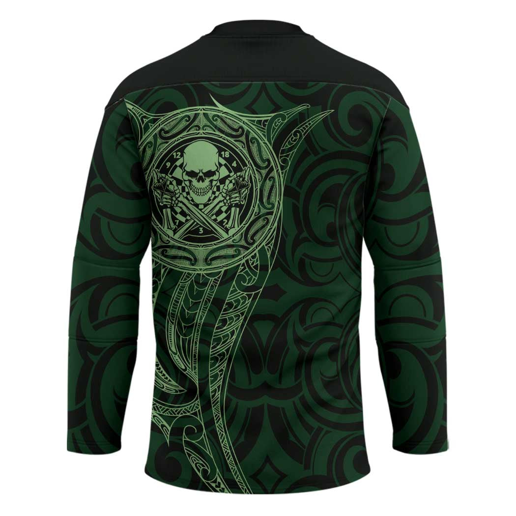 New Zealand Skull Darts Hockey Jersey Aotearoa Maori Chest Tattoo Stylized Green - Polynesian Pride