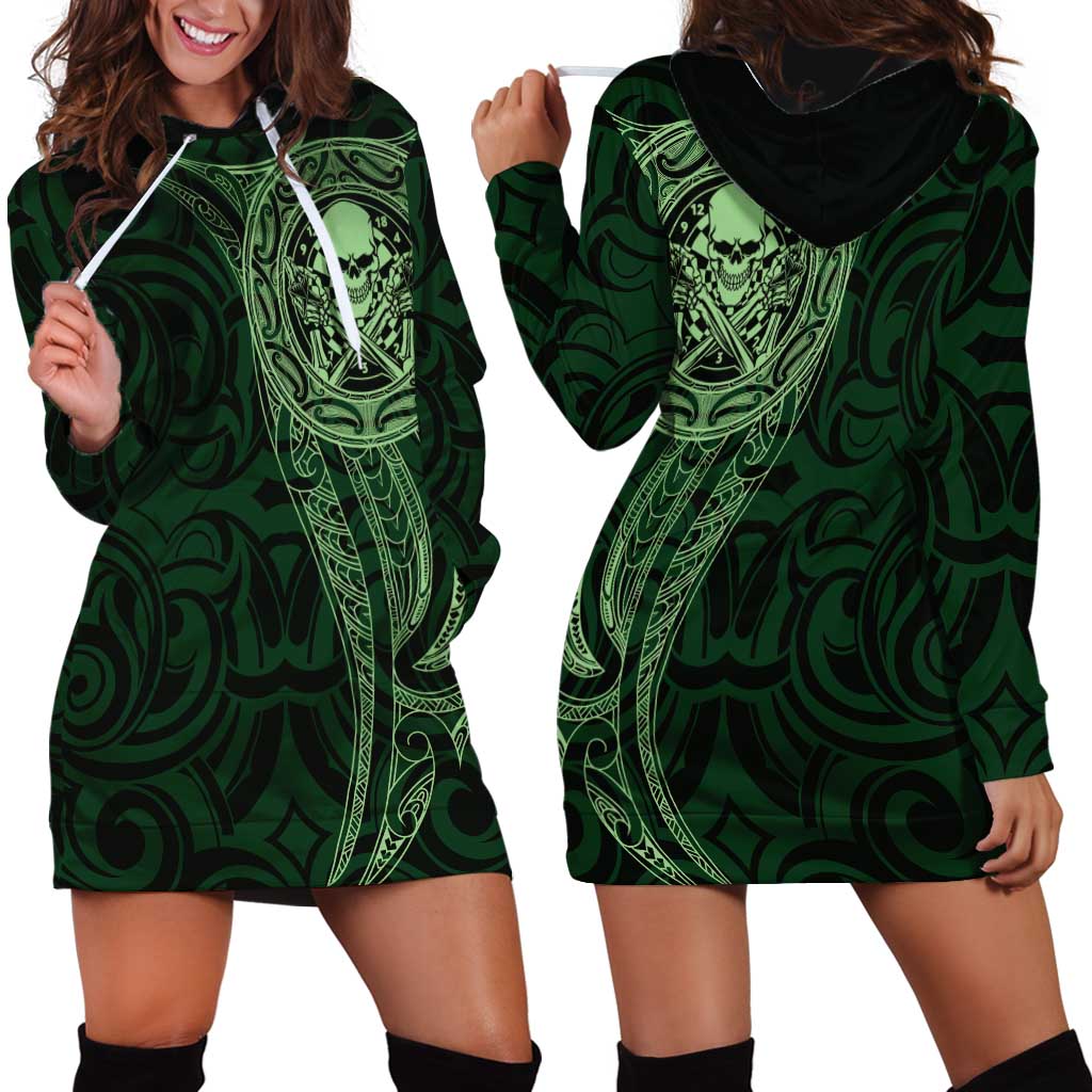 New Zealand Skull Darts Hoodie Dress Aotearoa Maori Chest Tattoo Stylized Green - Polynesian Pride