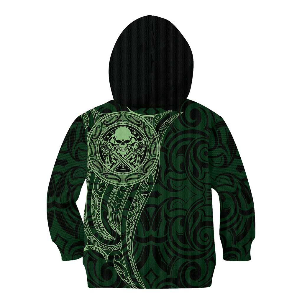 New Zealand Skull Darts Kid Hoodie Aotearoa Maori Chest Tattoo Stylized Green - Polynesian Pride