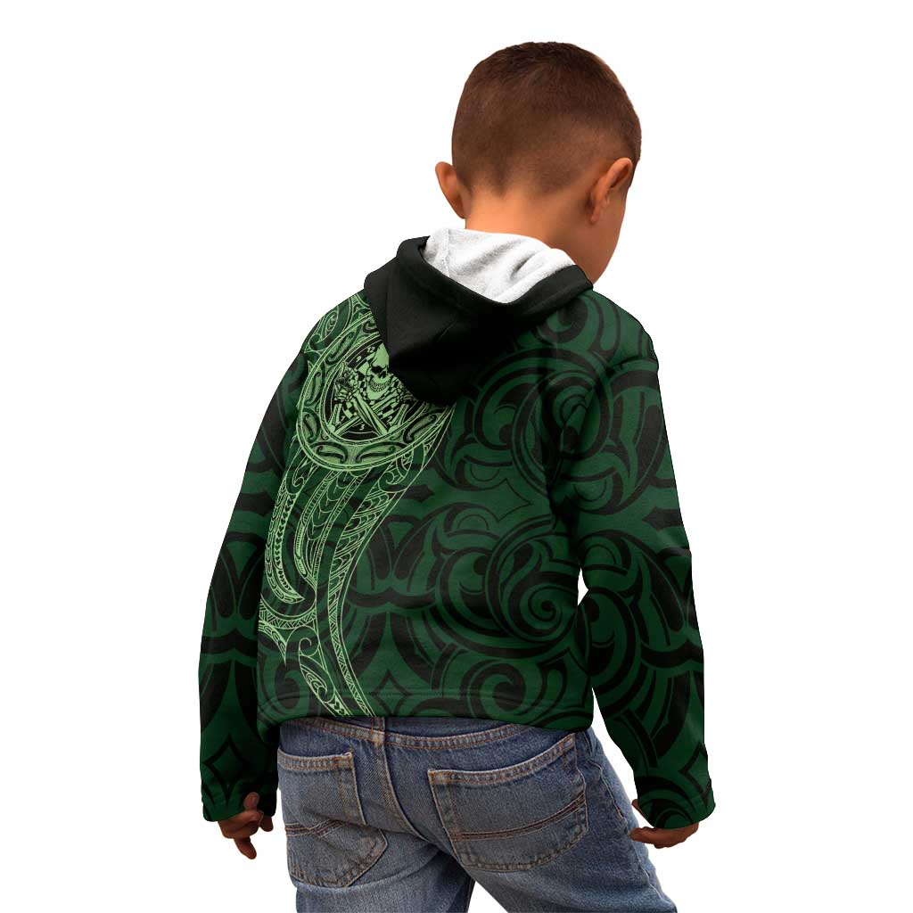 New Zealand Skull Darts Kid Hoodie Aotearoa Maori Chest Tattoo Stylized Green - Polynesian Pride