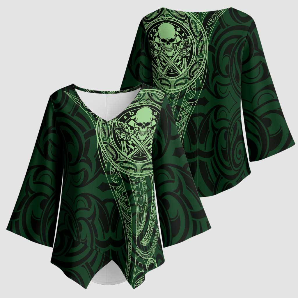 New Zealand Skull Darts Kimono Sleeve Blouse Aotearoa Maori Chest Tattoo Stylized Green - Polynesian Pride