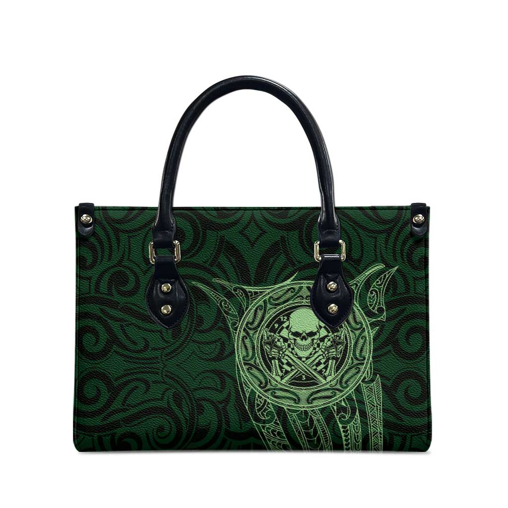 New Zealand Skull Darts Leather Bag Aotearoa Maori Chest Tattoo Stylized Green - Polynesian Pride