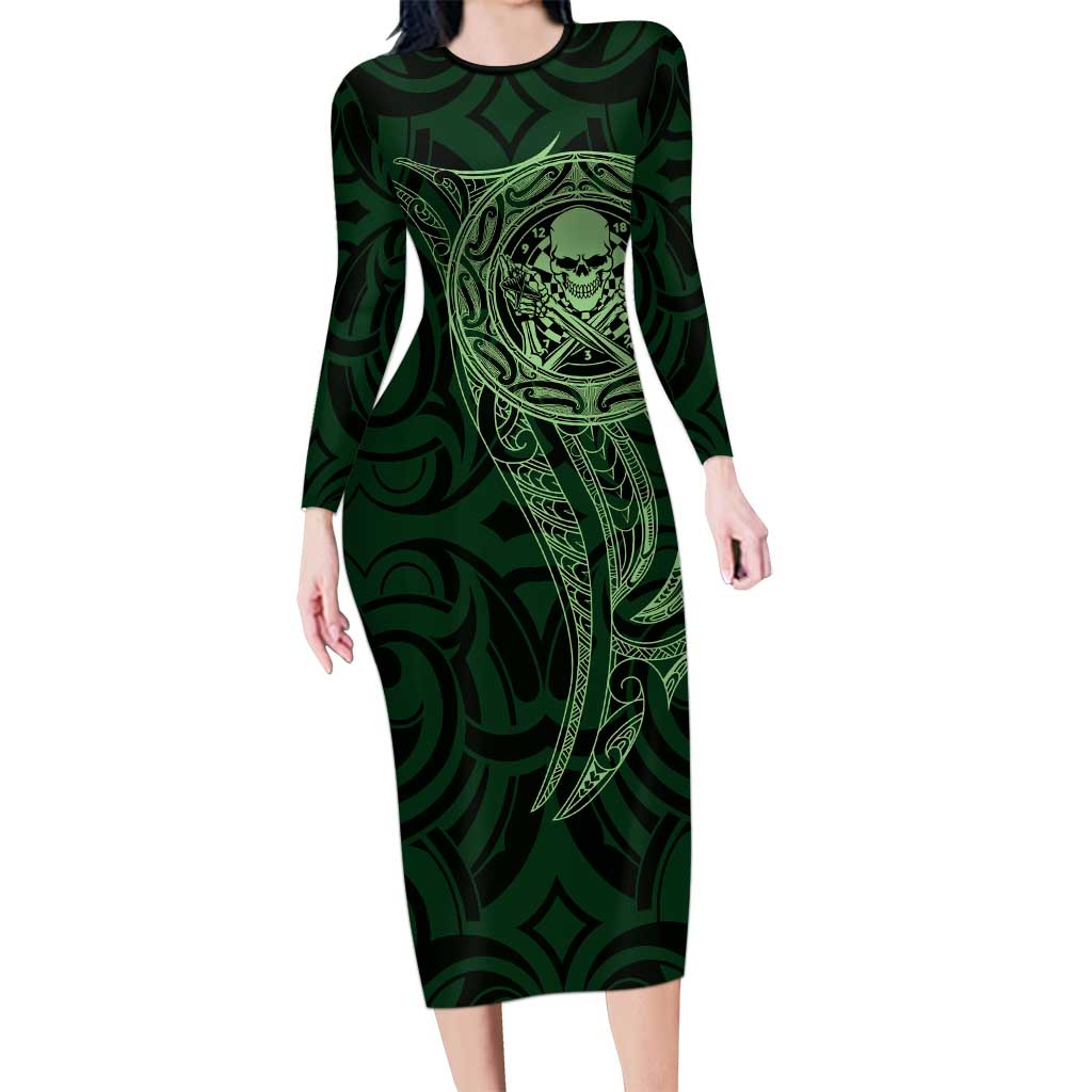 New Zealand Skull Darts Long Sleeve Bodycon Dress Aotearoa Maori Chest Tattoo Stylized Green - Polynesian Pride
