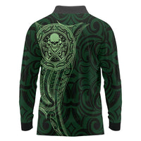 New Zealand Skull Darts Long Sleeve Polo Shirt Aotearoa Maori Chest Tattoo Stylized Green - Polynesian Pride