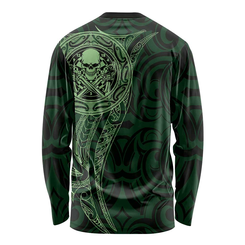 New Zealand Skull Darts Long Sleeve Shirt Aotearoa Maori Chest Tattoo Stylized Green - Polynesian Pride