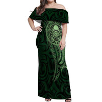 New Zealand Skull Darts Off Shoulder Maxi Dress Aotearoa Maori Chest Tattoo Stylized Green - Polynesian Pride