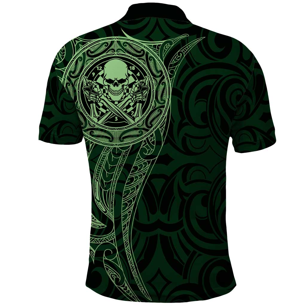New Zealand Skull Darts Polo Shirt Aotearoa Maori Chest Tattoo Stylized Green - Polynesian Pride