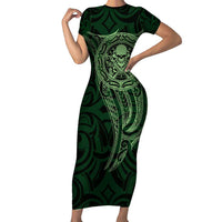 New Zealand Skull Darts Short Sleeve Bodycon Dress Aotearoa Maori Chest Tattoo Stylized Green - Polynesian Pride