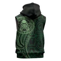 New Zealand Skull Darts Sleeveless Hoodie Aotearoa Maori Chest Tattoo Stylized Green - Polynesian Pride
