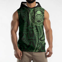 New Zealand Skull Darts Sleeveless Hoodie Aotearoa Maori Chest Tattoo Stylized Green - Polynesian Pride