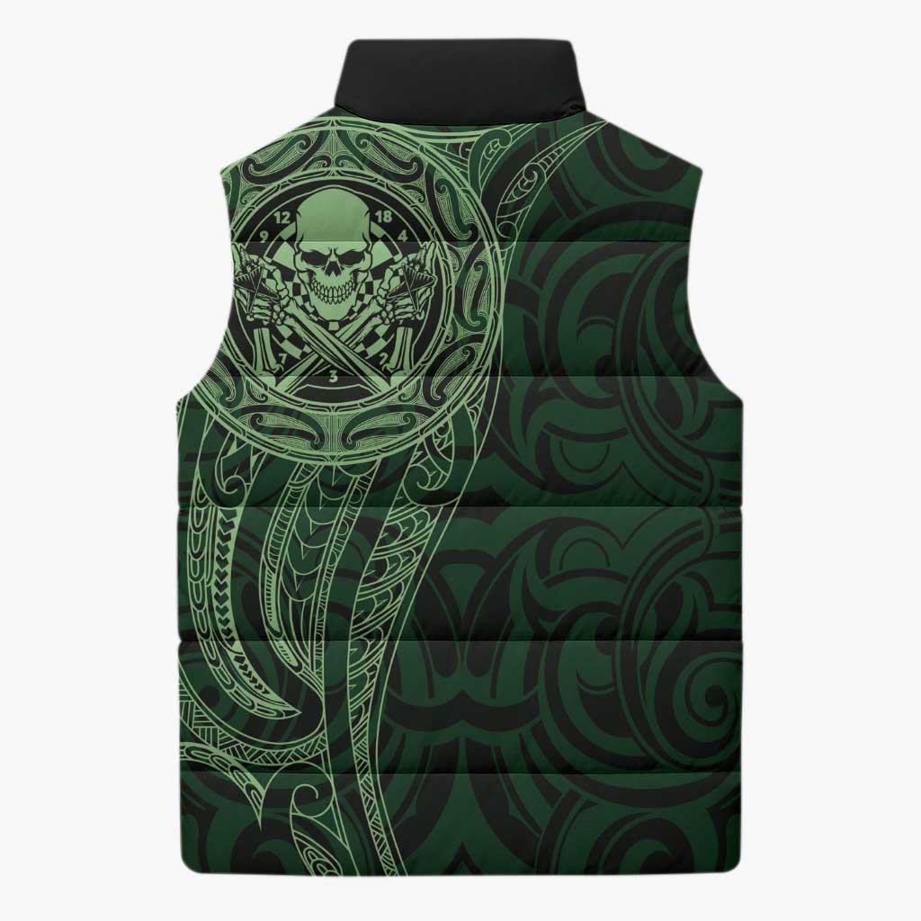 New Zealand Skull Darts Sleeveless Puffer Jacket Aotearoa Maori Chest Tattoo Stylized Green - Polynesian Pride
