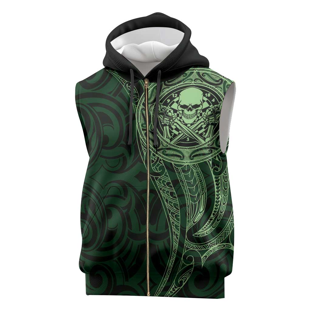 New Zealand Skull Darts Sleeveless Zip Hoodie Aotearoa Maori Chest Tattoo Stylized Green - Polynesian Pride