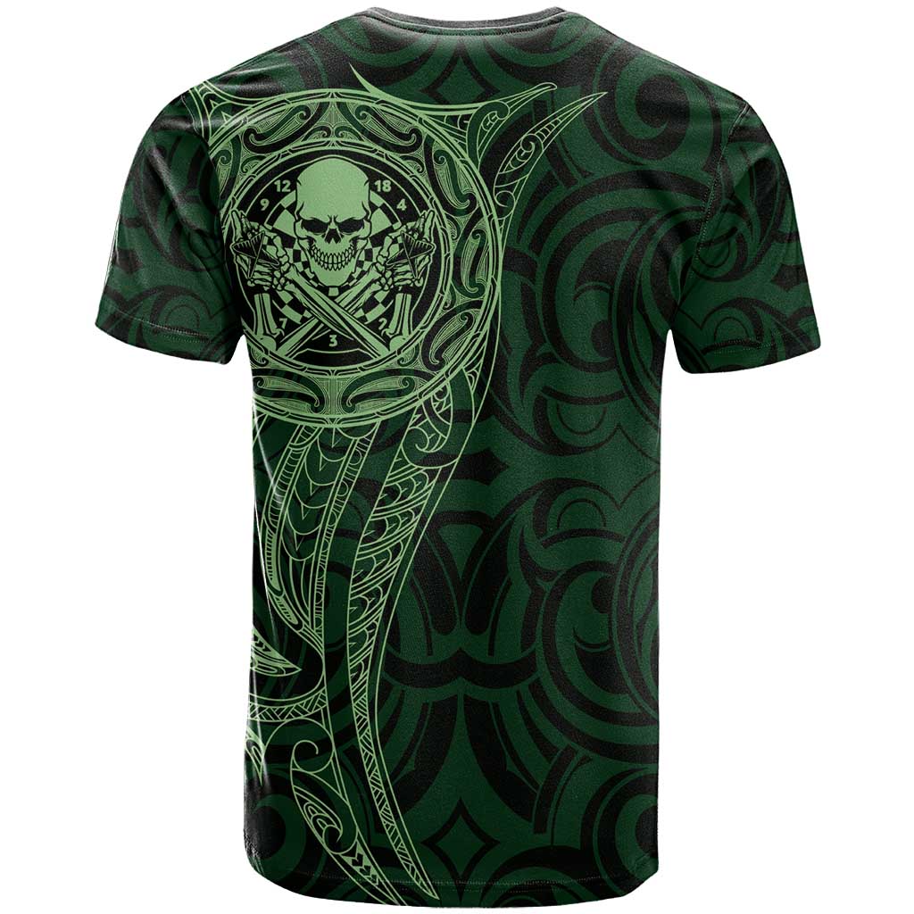 New Zealand Skull Darts T Shirt Aotearoa Maori Chest Tattoo Stylized Green - Polynesian Pride