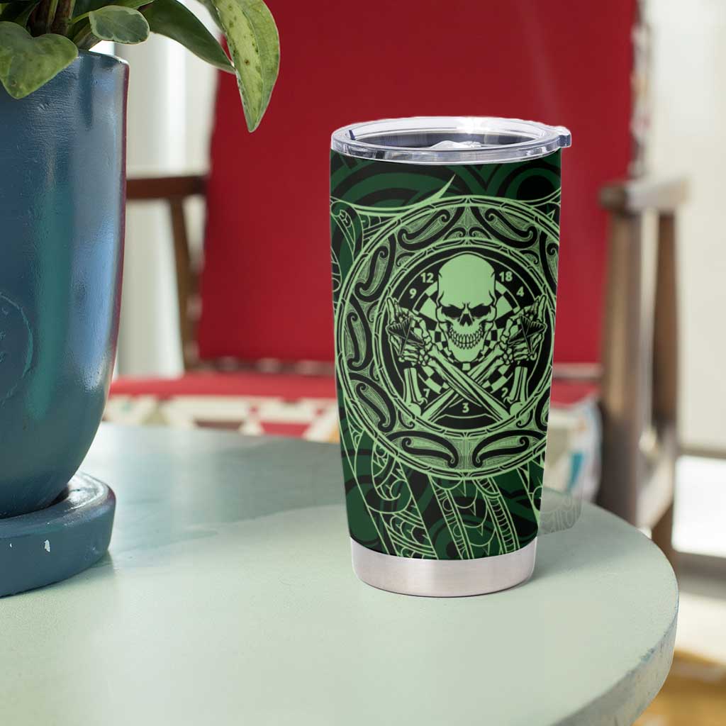 New Zealand Skull Darts Tumbler Cup Aotearoa Maori Chest Tattoo Stylized Green - Polynesian Pride