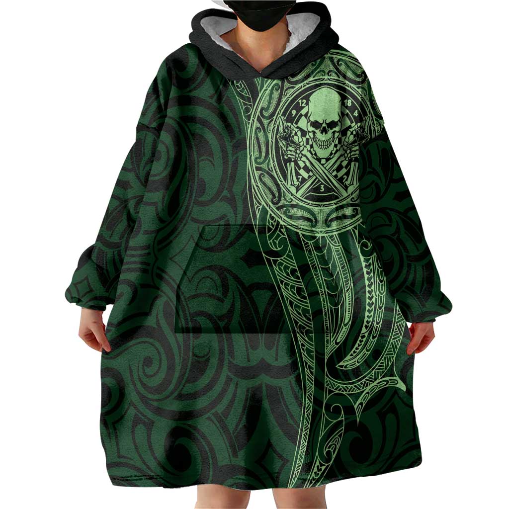New Zealand Skull Darts Wearable Blanket Hoodie Aotearoa Maori Chest Tattoo Stylized Green - Polynesian Pride